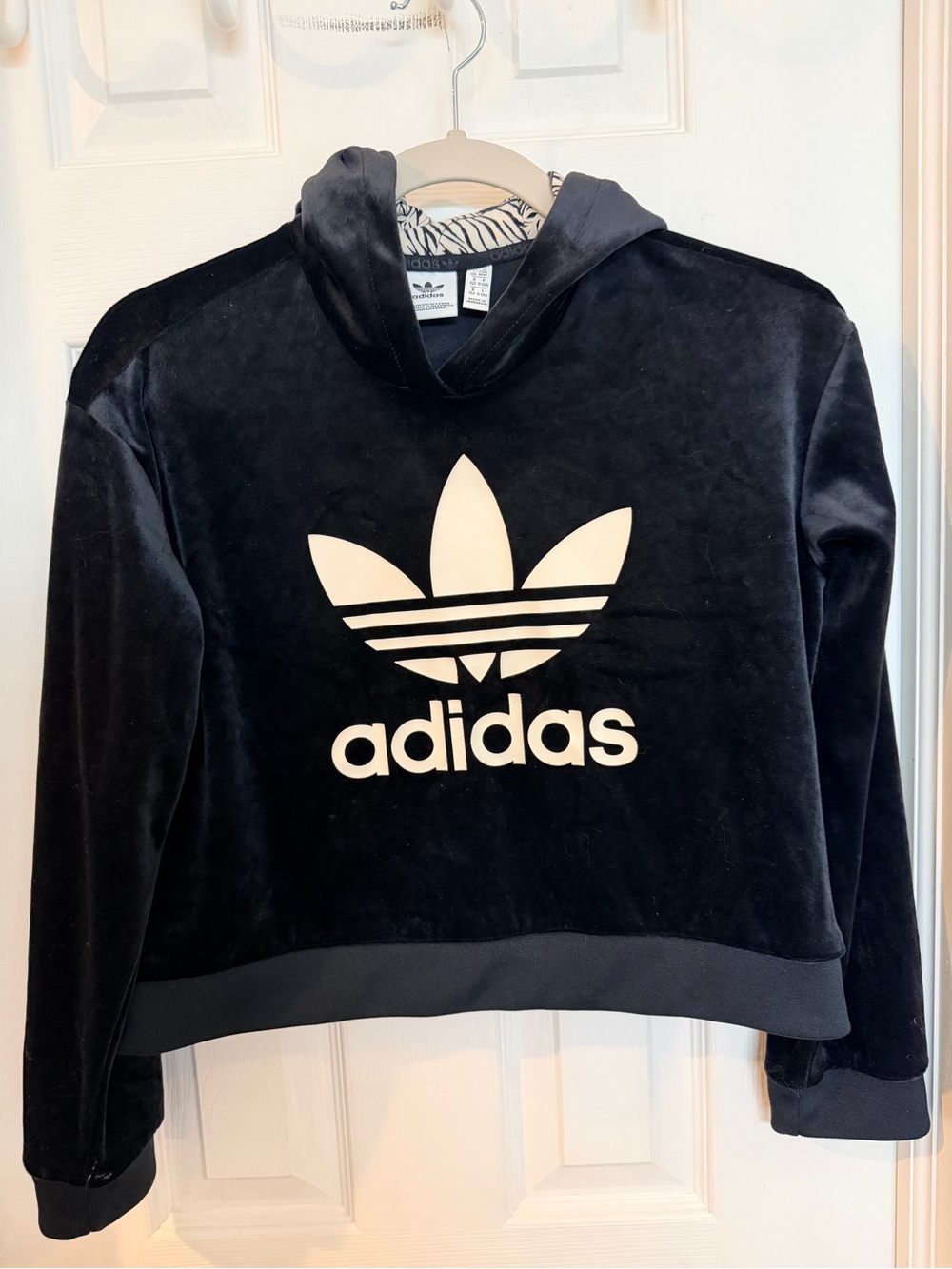 Adidas Originals Black Velour Hoodie Girls 11-12 Y2K Zebra Trefoil 2018